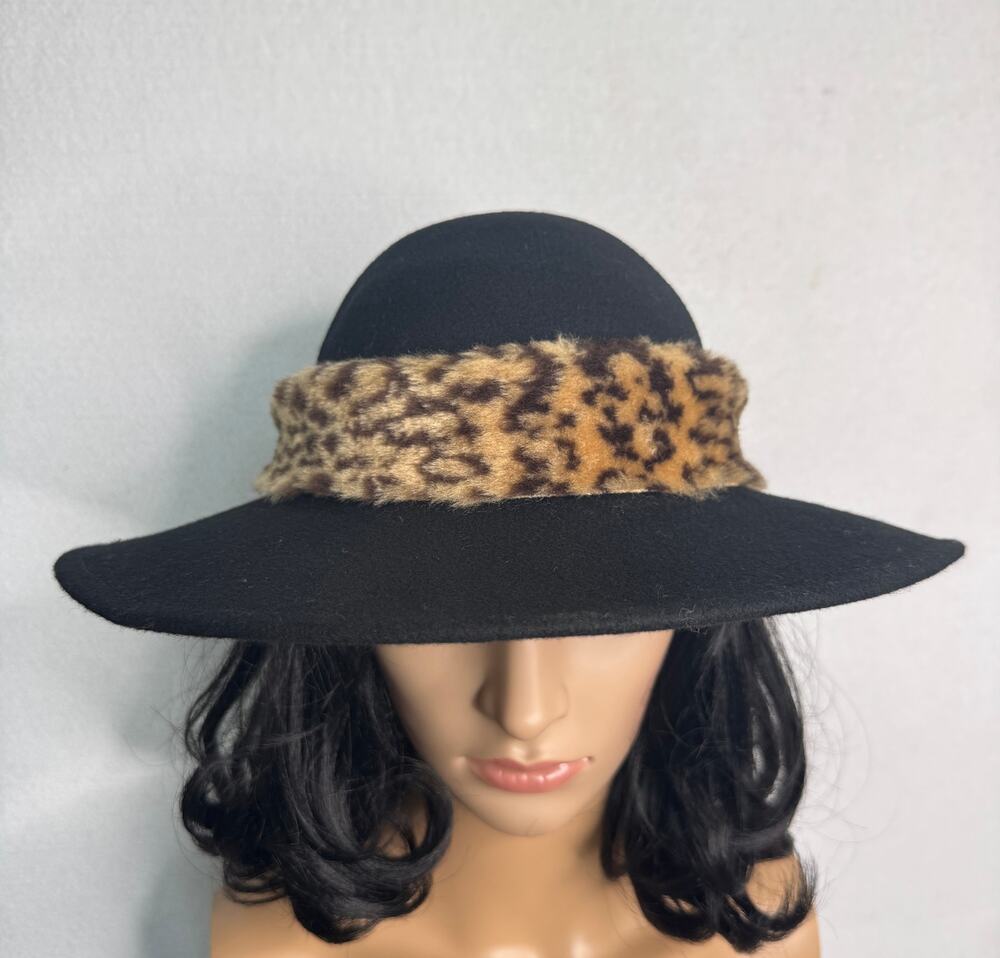 Vintage 1980s Black Wool Felt Wide Brim Hat Leopard Faux Fur Made USA 22” - Picture 1 of 14